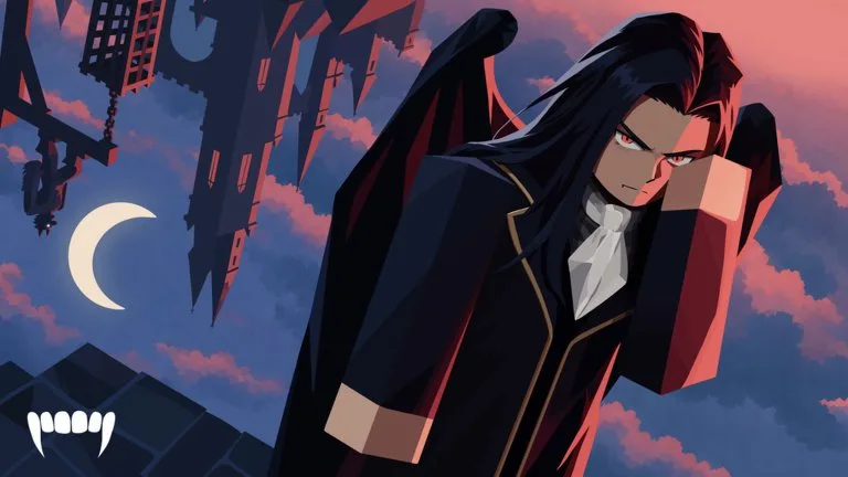 Promotional art of a long-haired, red-eyed vampire in a dark coat, standing before a gothic castle under a crescent moon.